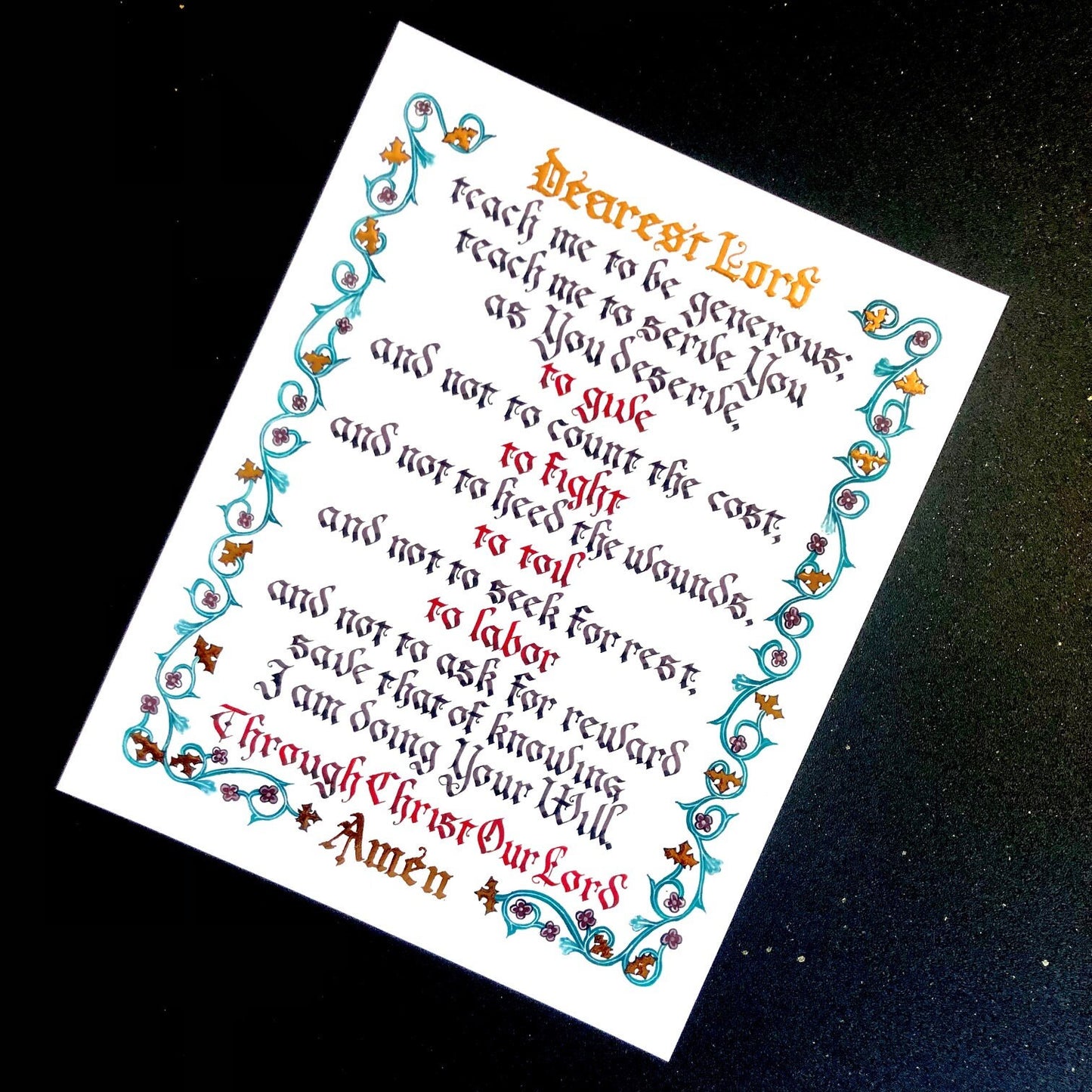 St. Ignatius Prayer for Generosity, Illuminated Calligraphy Art Print Morning Prayer for Catholic Homeschool Students, gift for confirmation