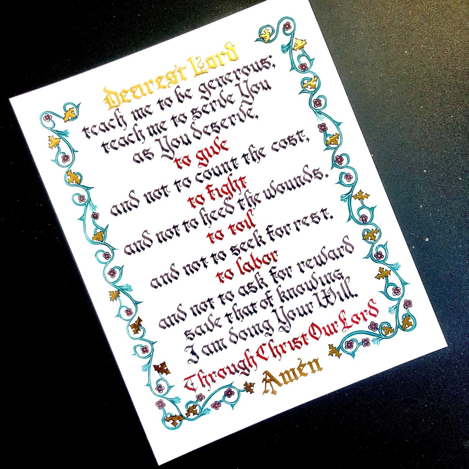 St. Ignatius Prayer for Generosity, Illuminated Calligraphy Art Print Morning Prayer for Catholic Homeschool Students, gift for confirmation