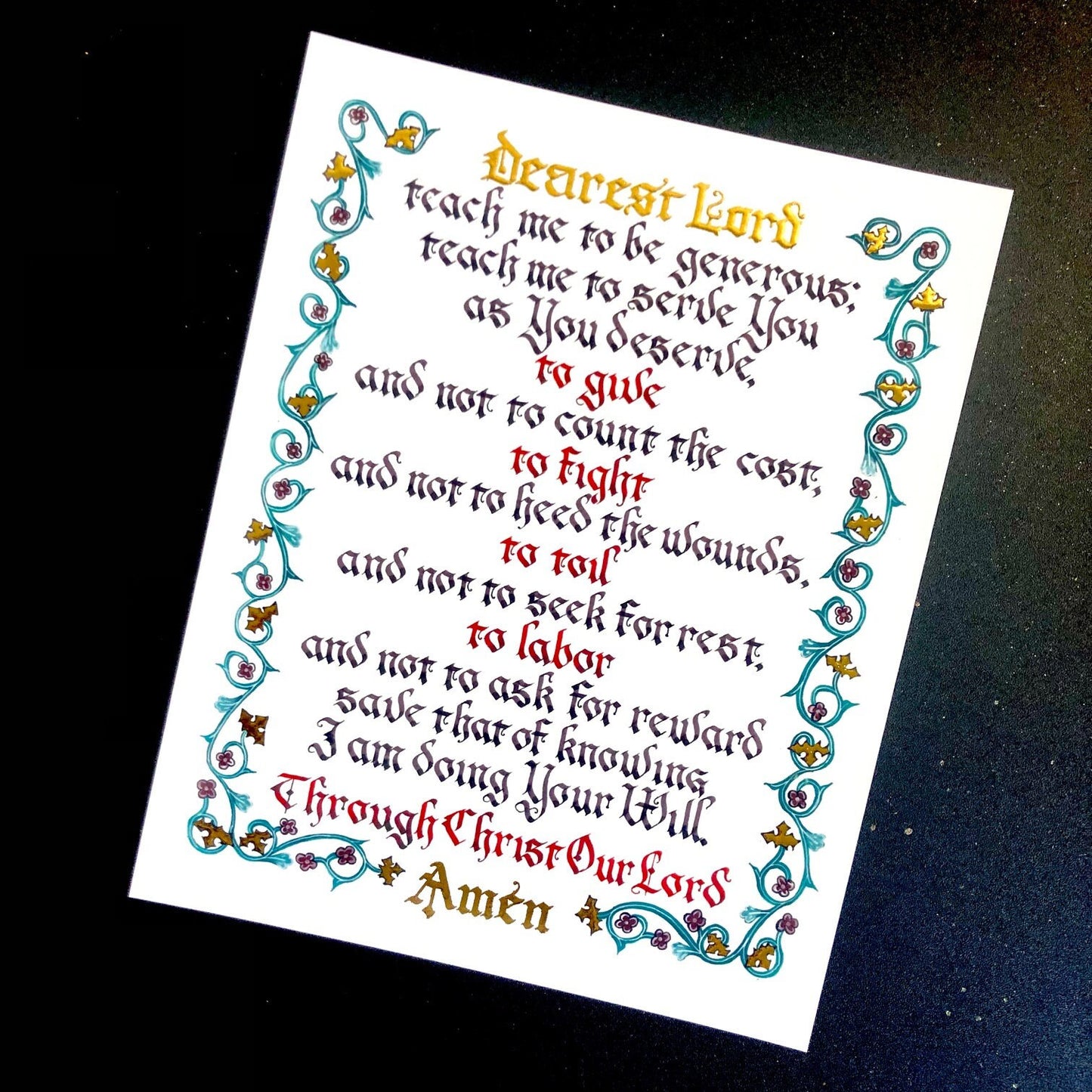 St. Ignatius Prayer for Generosity, Illuminated Calligraphy Art Print Morning Prayer for Catholic Homeschool Students, gift for confirmation