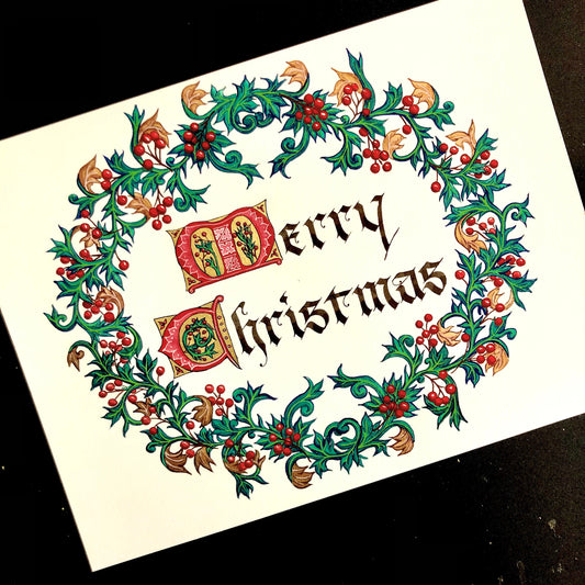 Merry Christmas 2022 A2 Size Greeting Card, Christmas Wreath Card with Bible Verse Quote, Gothic Calligraphy and Illumination Artwork Card