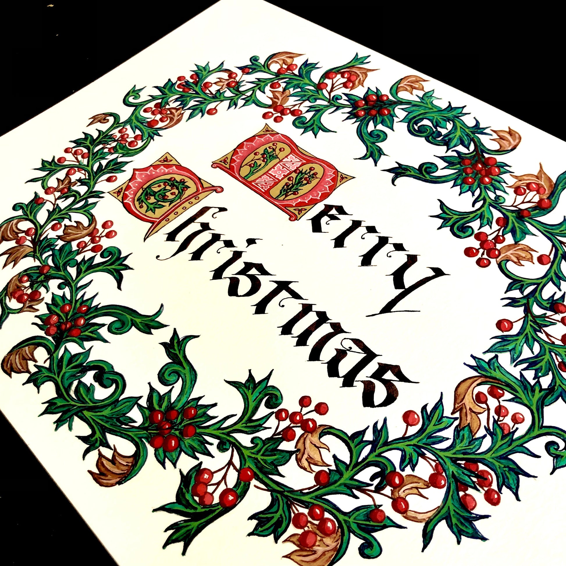 Merry Christmas 2022 A2 Size Greeting Card, Christmas Wreath Card with Bible Verse Quote, Gothic Calligraphy and Illumination Artwork Card