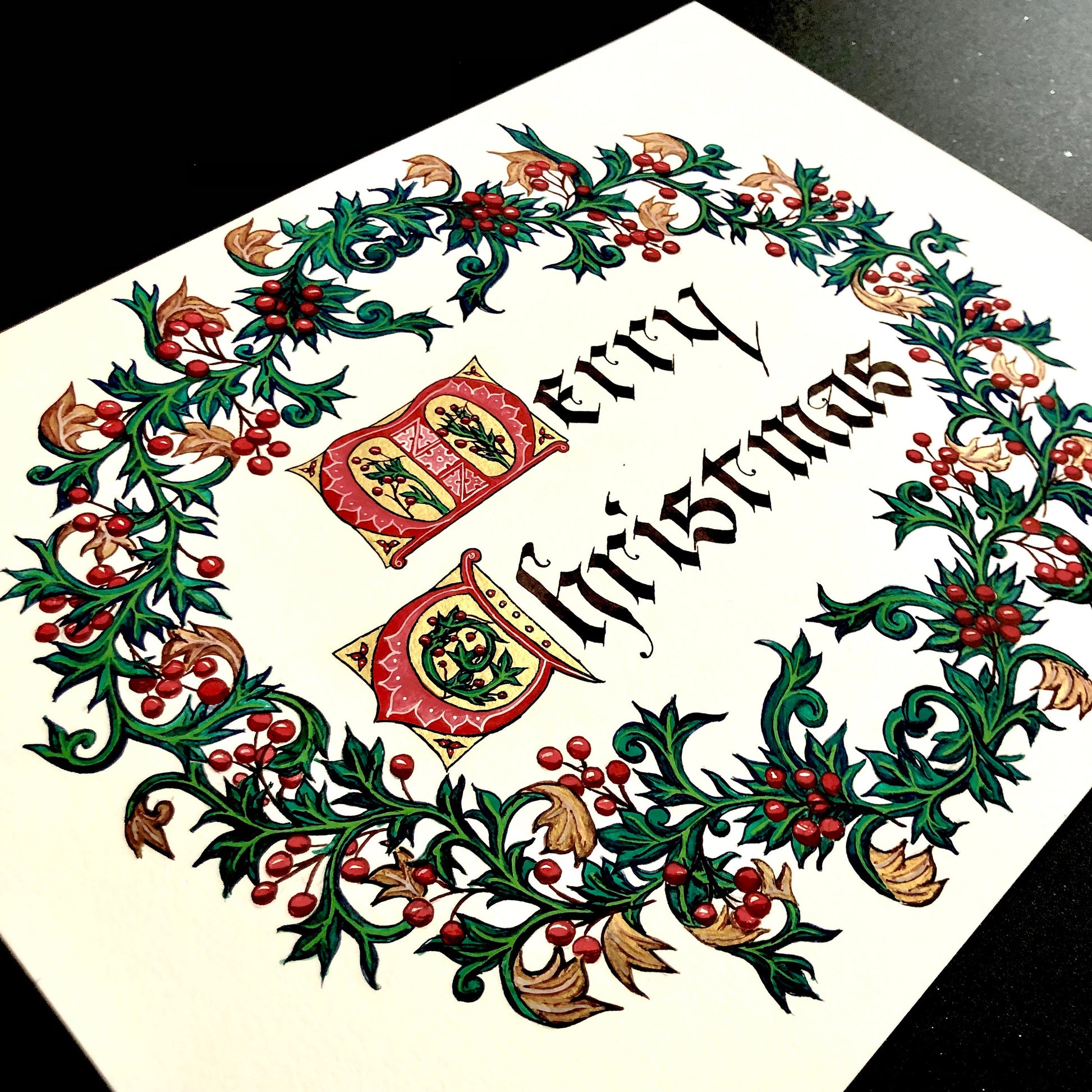 Merry Christmas 2022 A2 Size Greeting Card, Christmas Wreath Card with Bible Verse Quote, Gothic Calligraphy and Illumination Artwork Card