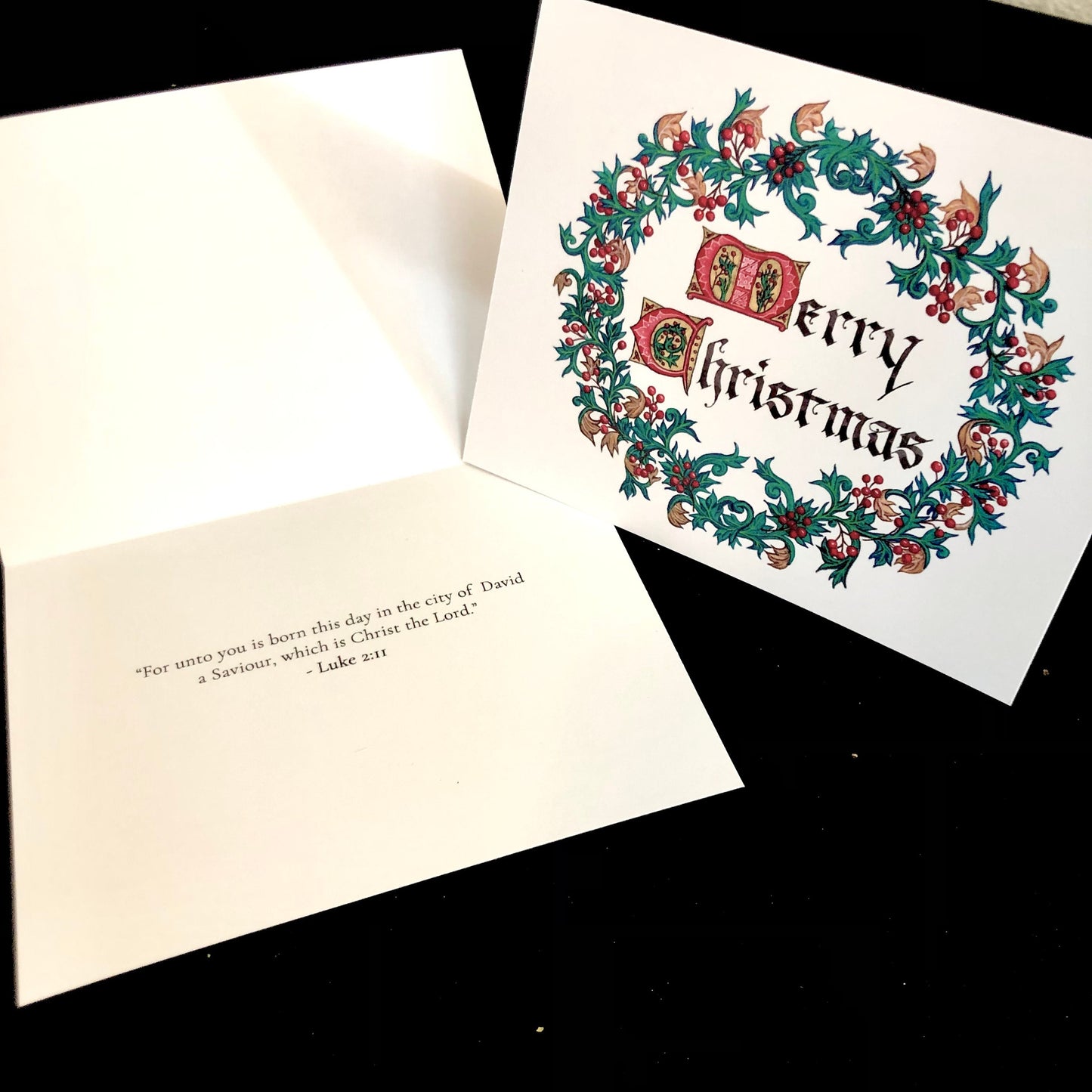 Merry Christmas 2022 A2 Size Greeting Card, Christmas Wreath Card with Bible Verse Quote, Gothic Calligraphy and Illumination Artwork Card