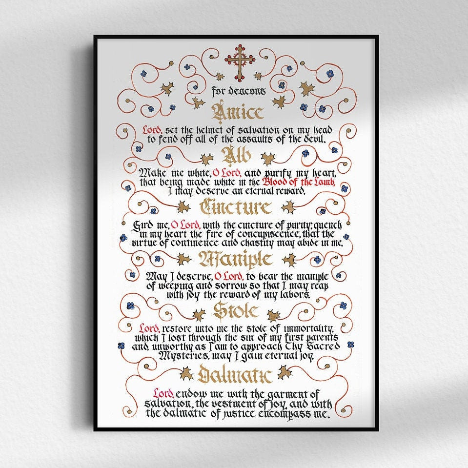 Deacon’s Vesting Prayers - Catholic Print for Sacristy Church Decoration, Catholic gift for deacon, calligraphy art print, ordination gift