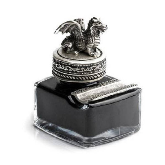 Dragon Glass Inkwell with Pewter Cap & Pen Rest - Black Ink