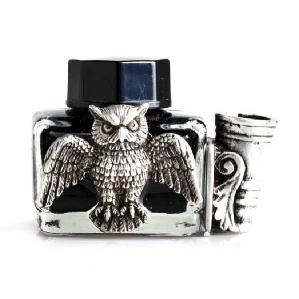 Owl Glass Inkwell with Pewter Owl, Pen Holder and Black Ink