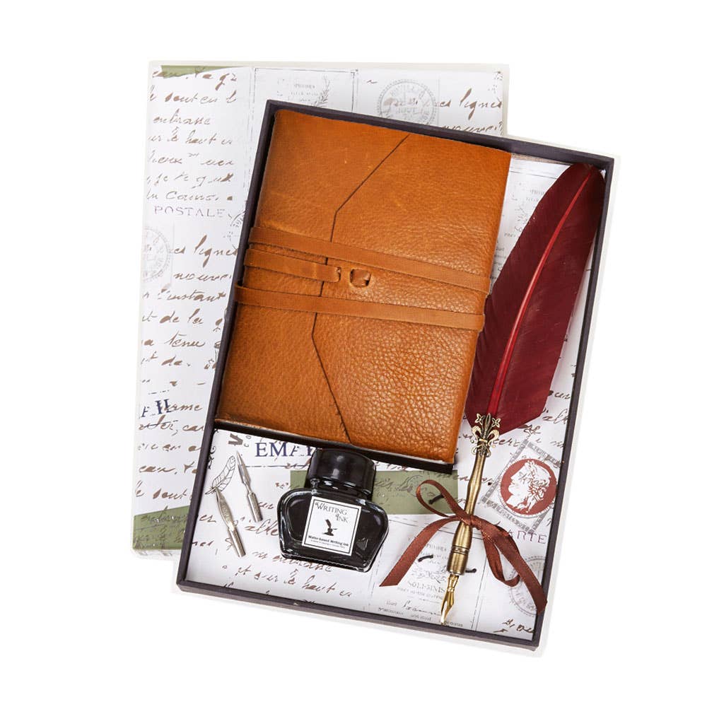 Leather Wrap Journal Set with Ink, Nibs and Quill Pen